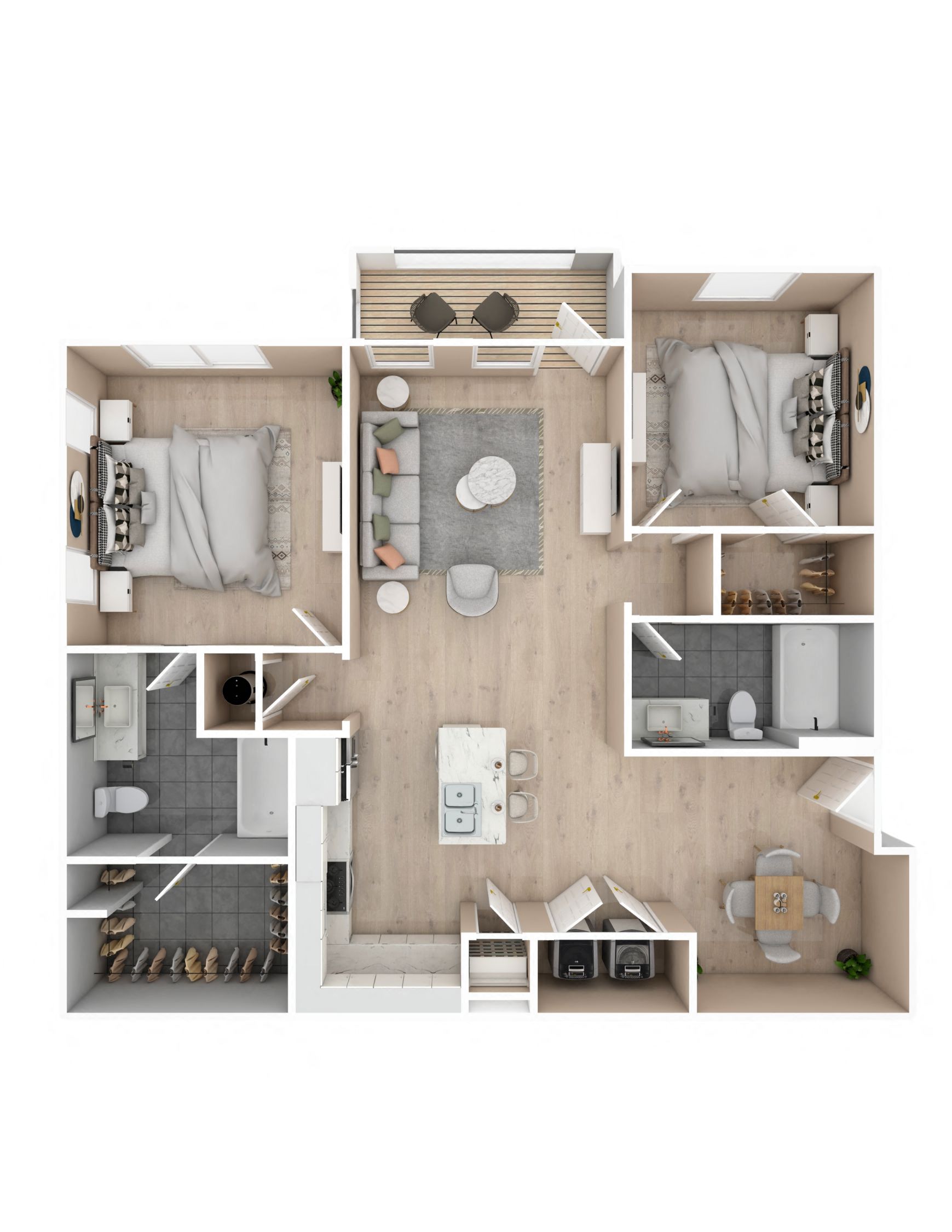 Floor plan for 2 beds, 2 baths, 1047 sqft